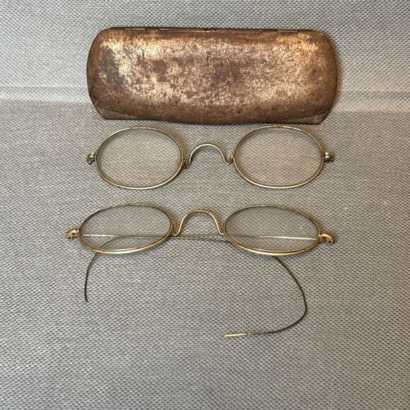 Lot 2 Antique 1900s Eyeglasses Gold Round Wire Frame Spectacles w/Case Edwardian - Picture 1 of 15